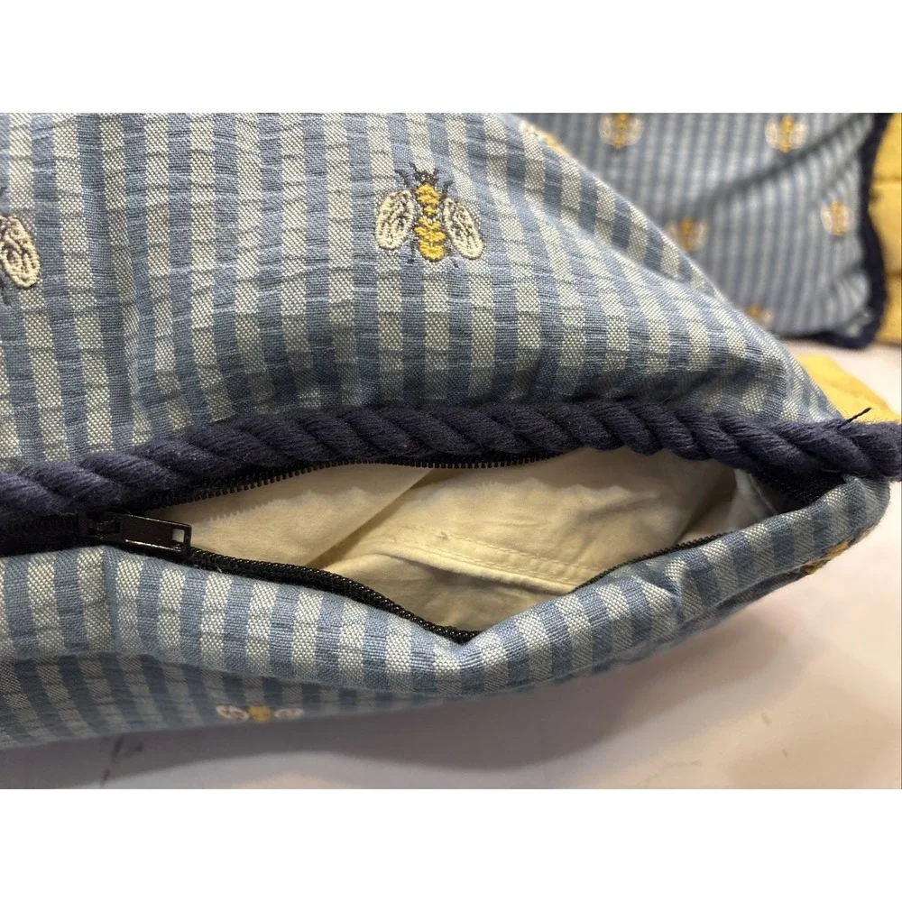 Two Vtg Blue Stripe‎ Yellow Ruffle Embroidered Bee Pillows 22x16